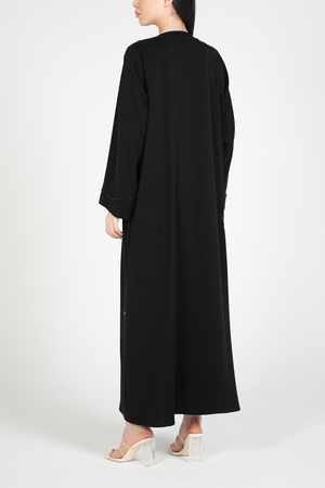 Black Amara Crepe Custom Abaya with Self-Color Beadwork on Front and Sleeves