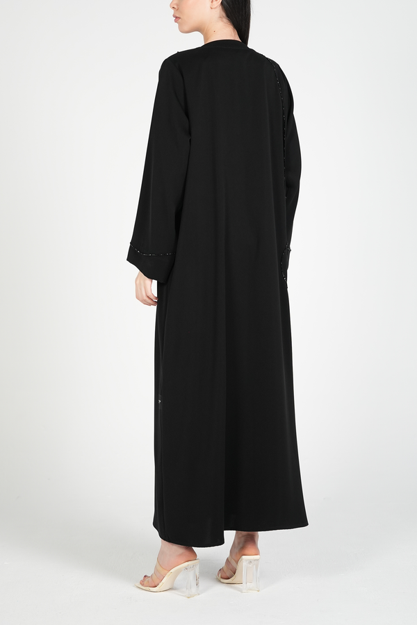 Black Amara Crepe Custom Abaya with Self-Color Beadwork on Front and Sleeves