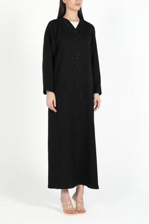 Black Emarati Crepe Custom Abaya with Overlap Front and Triple-Line Beadwork