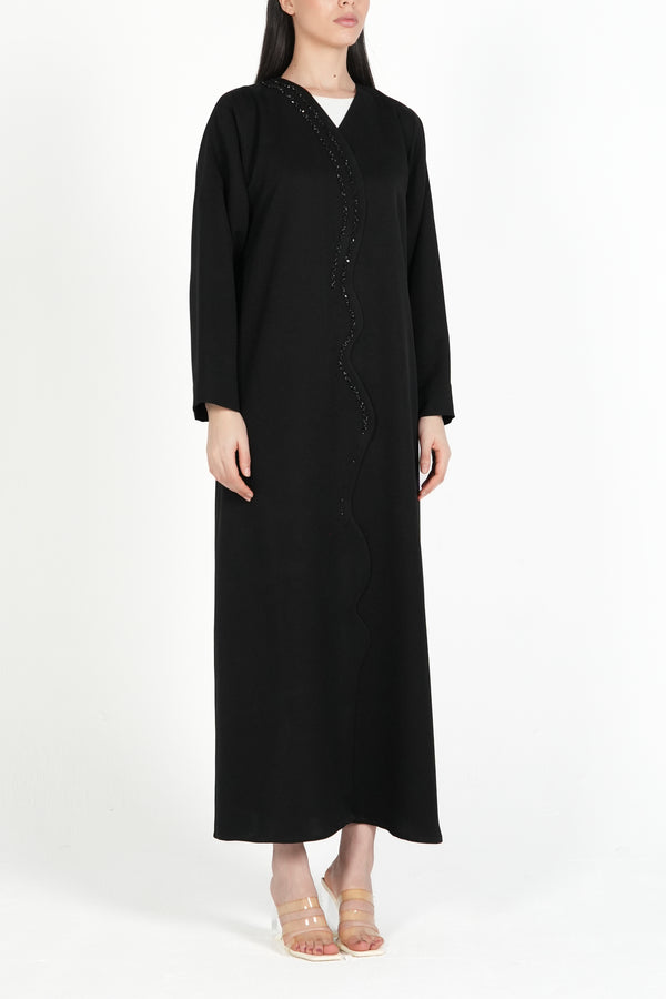 Black Emarati Crepe Custom Abaya with Overlap Front and Triple-Line Beadwork