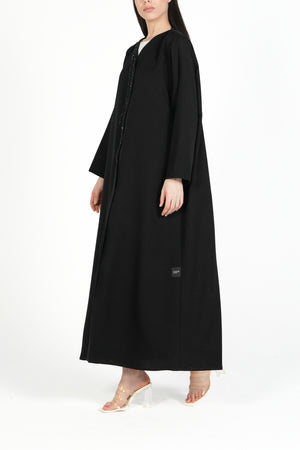 Black Emarati Crepe Custom Abaya with Overlap Front and Triple-Line Beadwork