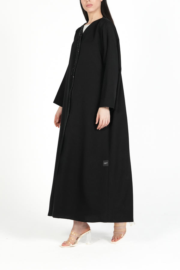 Black Emarati Crepe Custom Abaya with Overlap Front and Triple-Line Beadwork