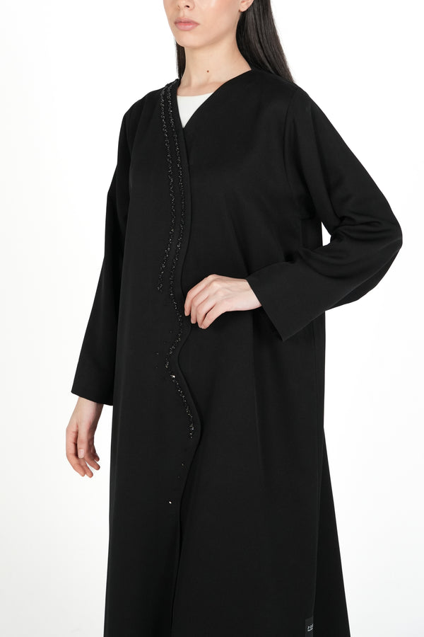 Black Emarati Crepe Custom Abaya with Overlap Front and Triple-Line Beadwork