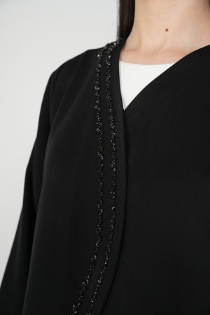 Black Emarati Crepe Custom Abaya with Overlap Front and Triple-Line Beadwork