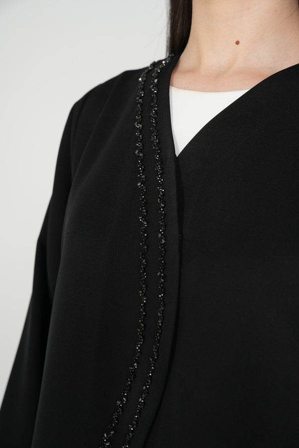 Black Emarati Crepe Custom Abaya with Overlap Front and Triple-Line Beadwork