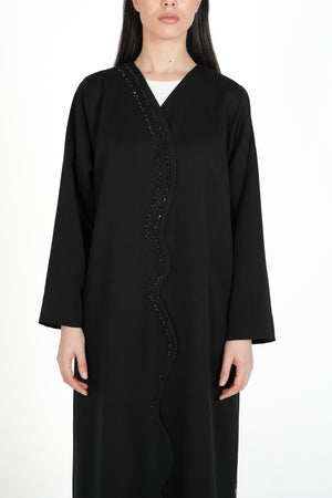 Black Emarati Crepe Custom Abaya with Overlap Front and Triple-Line Beadwork