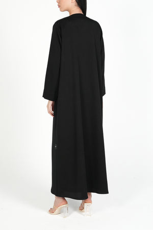 Black Emarati Crepe Custom Abaya with Overlap Front and Triple-Line Beadwork