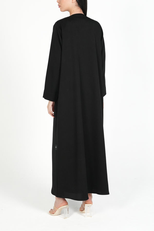 Black Emarati Crepe Custom Abaya with Overlap Front and Triple-Line Beadwork