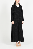 Black Flora Cupro Abaya with Front Overlap Detail - Posh Abaya