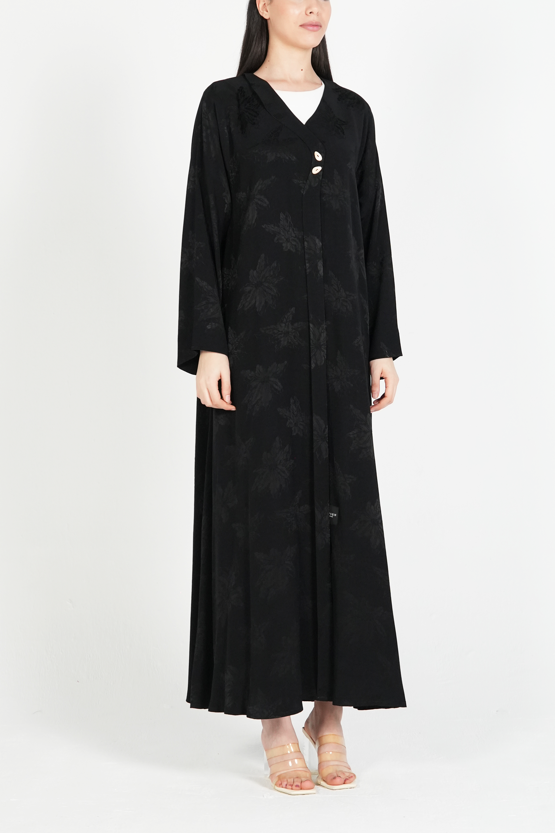 Black Flora Cupro Abaya with Front Overlap Detail - Posh Abaya