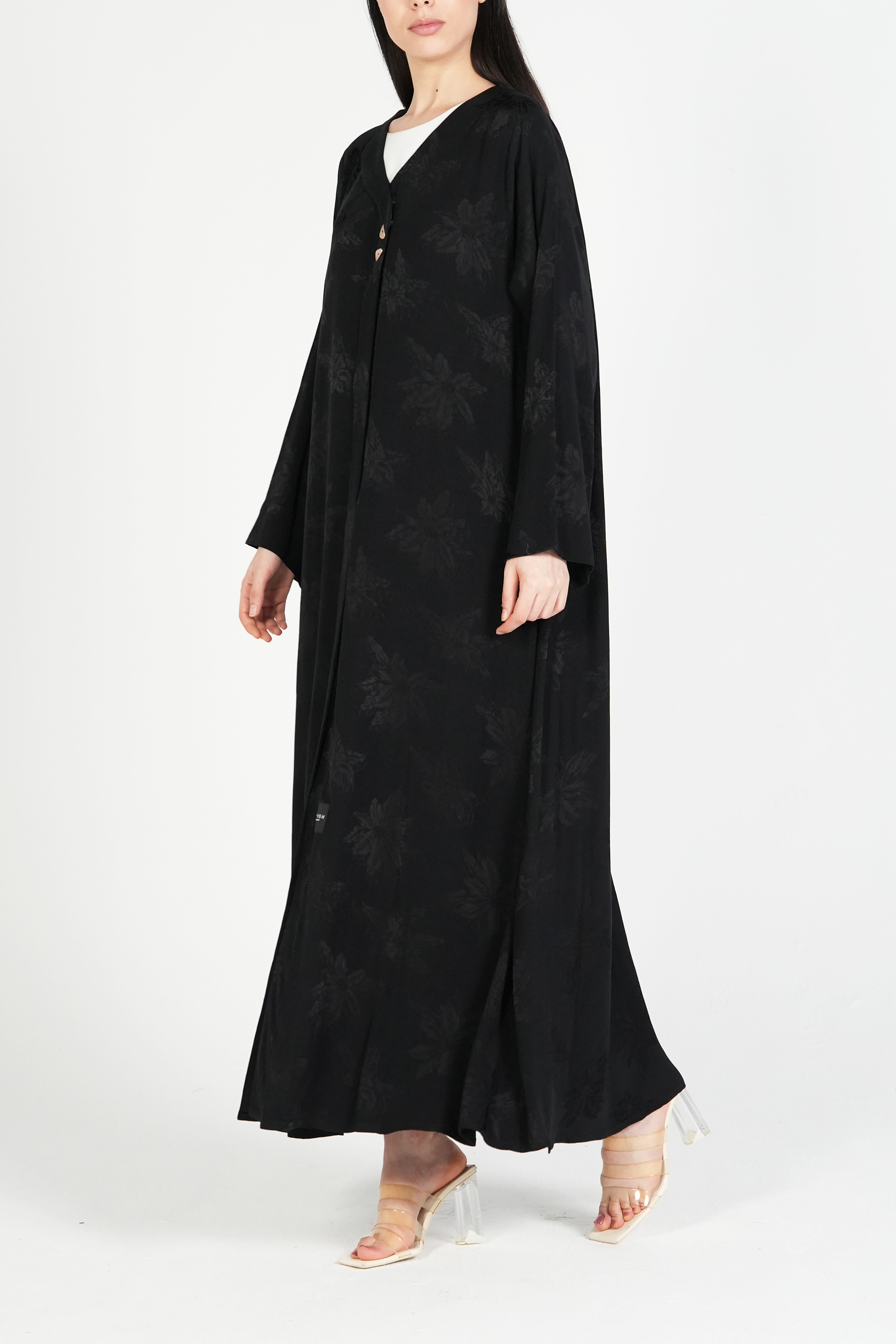 Black Flora Cupro Abaya with Front Overlap Detail - Posh Abaya
