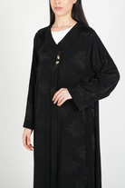 Black Flora Cupro Abaya with Front Overlap Detail - Posh Abaya