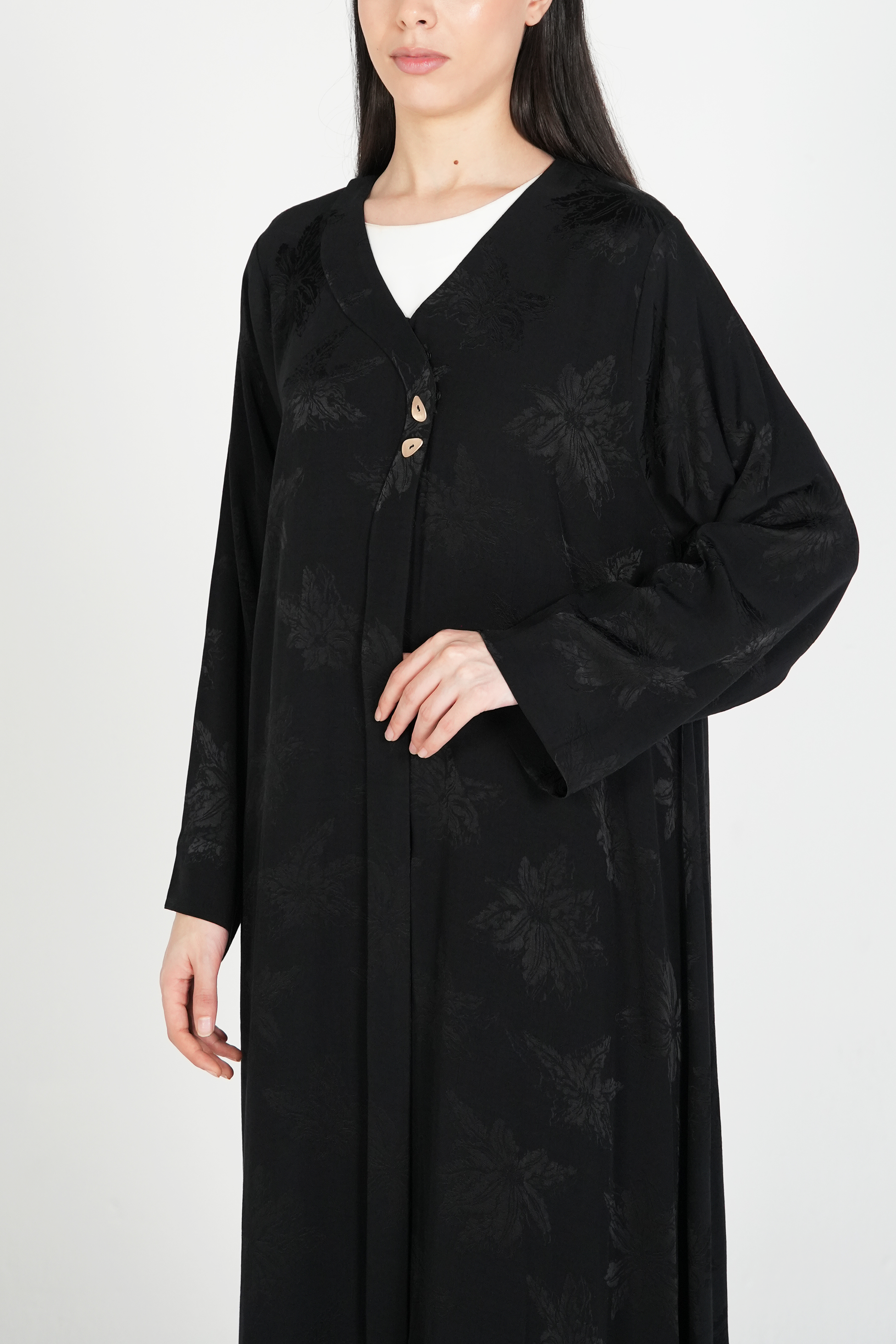 Black Flora Cupro Abaya with Front Overlap Detail - Posh Abaya