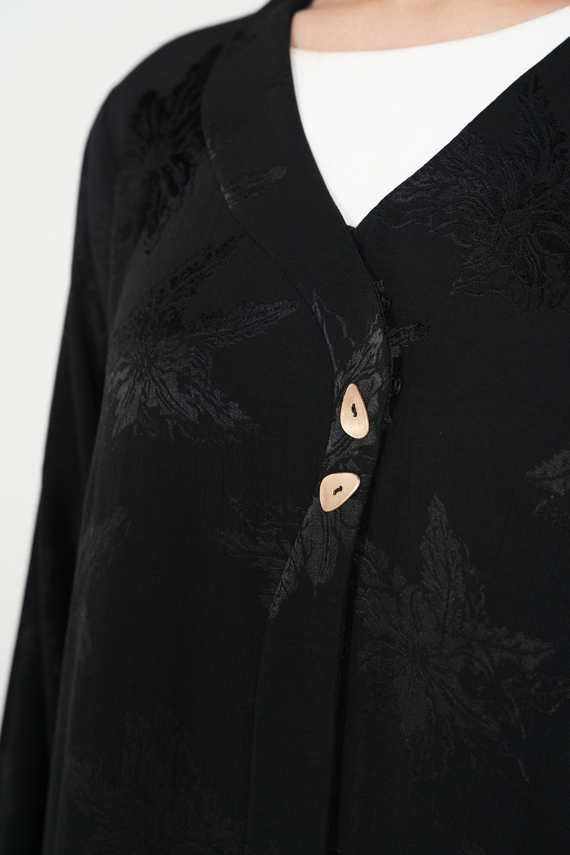 Black Flora Cupro Abaya with Front Overlap Detail - Posh Abaya