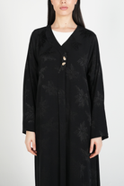 Black Flora Cupro Abaya with Front Overlap Detail - Posh Abaya
