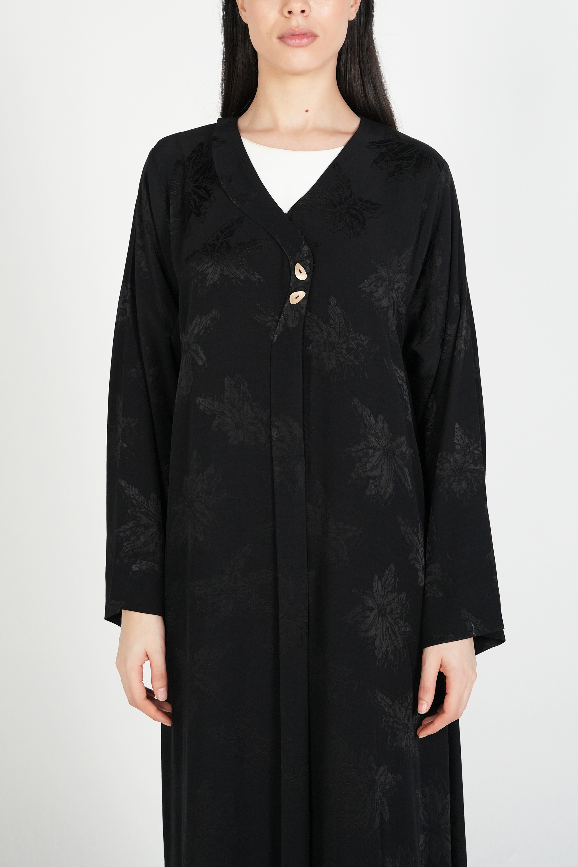Black Flora Cupro Abaya with Front Overlap Detail - Posh Abaya