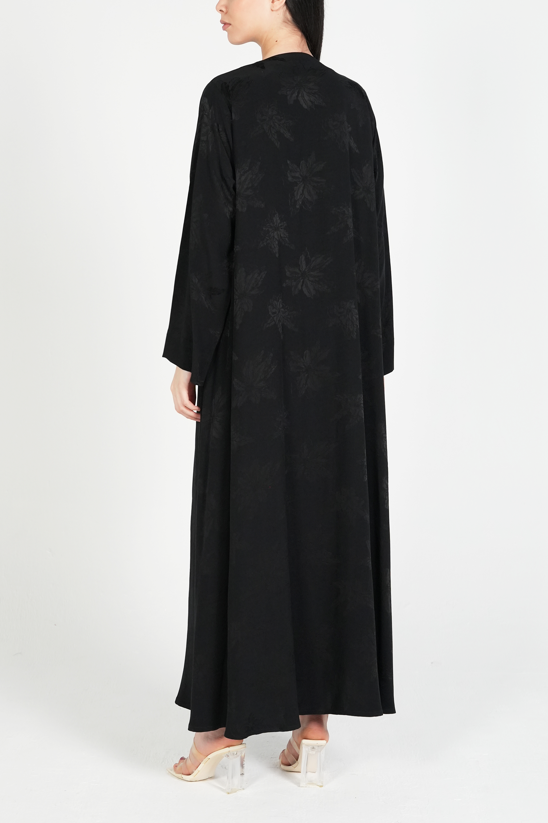Black Flora Cupro Abaya with Front Overlap Detail - Posh Abaya