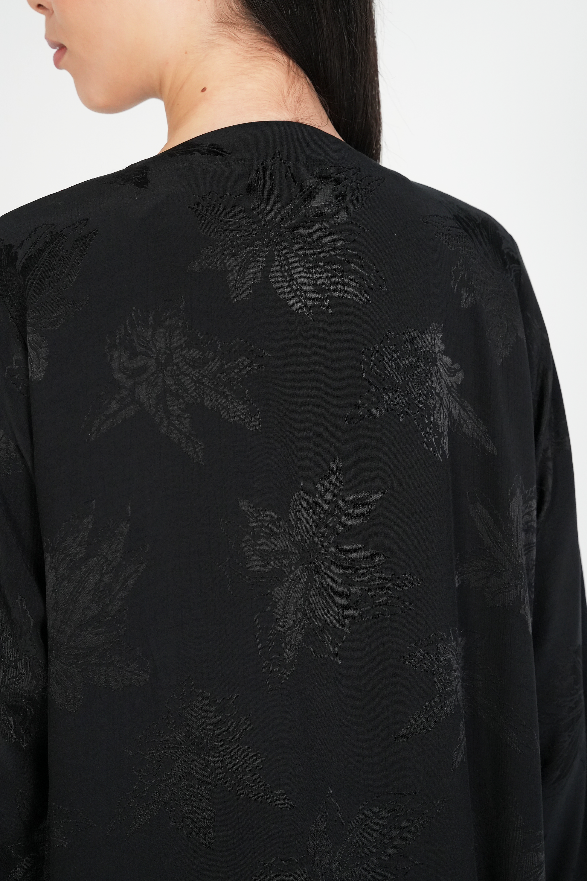 Black Flora Cupro Abaya with Front Overlap Detail - Posh Abaya
