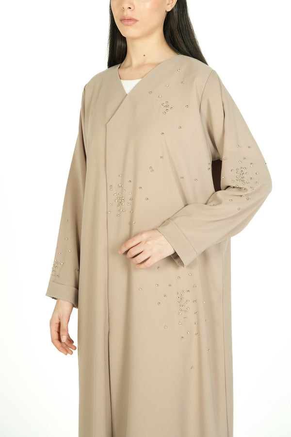 Beige Nova Crepe Abaya with Crystal Beadwork Detail - Posh Abaya