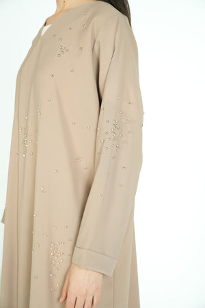 Beige Nova Crepe Abaya with Crystal Beadwork Detail - Posh Abaya
