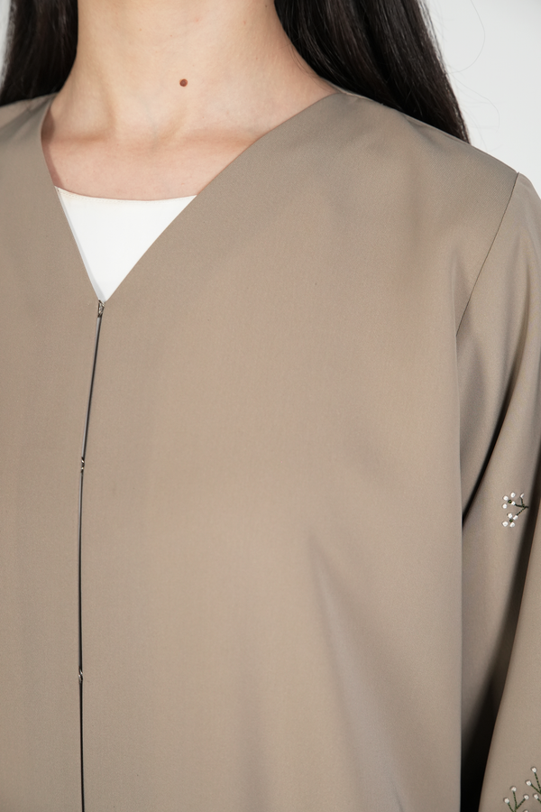 Beige Maya Crepe Abaya with Floral Threadwork on Sleeves - Posh Abaya