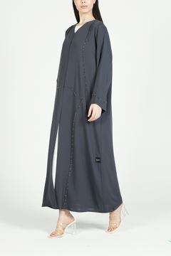 Grey Amara Crepe Abaya with Self-Color Beadwork on Front and Sleeve - Posh Abaya