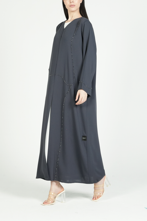 Grey Amara Crepe Abaya with Self-Color Beadwork on Front and Sleeve - Posh Abaya