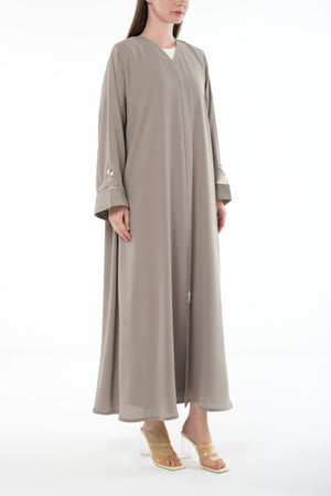 Beige Claire Crepe Abaya with Organza Sleeve Detail and Clean Finish
