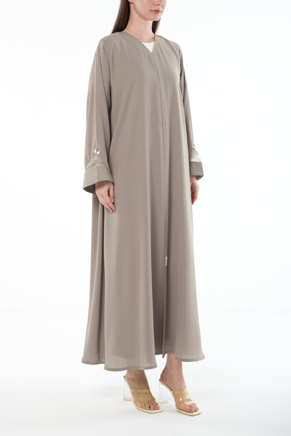 Beige Claire Crepe Abaya with Organza Sleeve Detail and Clean Finish