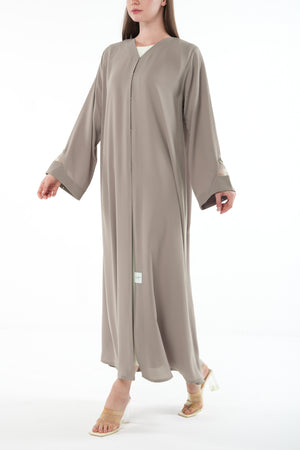 Beige Claire Crepe Abaya with Organza Sleeve Detail and Clean Finish