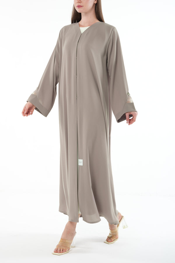 Beige Claire Crepe Abaya with Organza Sleeve Detail and Clean Finish