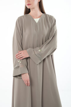 Beige Claire Crepe Abaya with Organza Sleeve Detail and Clean Finish