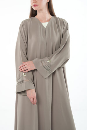 Beige Claire Crepe Abaya with Organza Sleeve Detail and Clean Finish