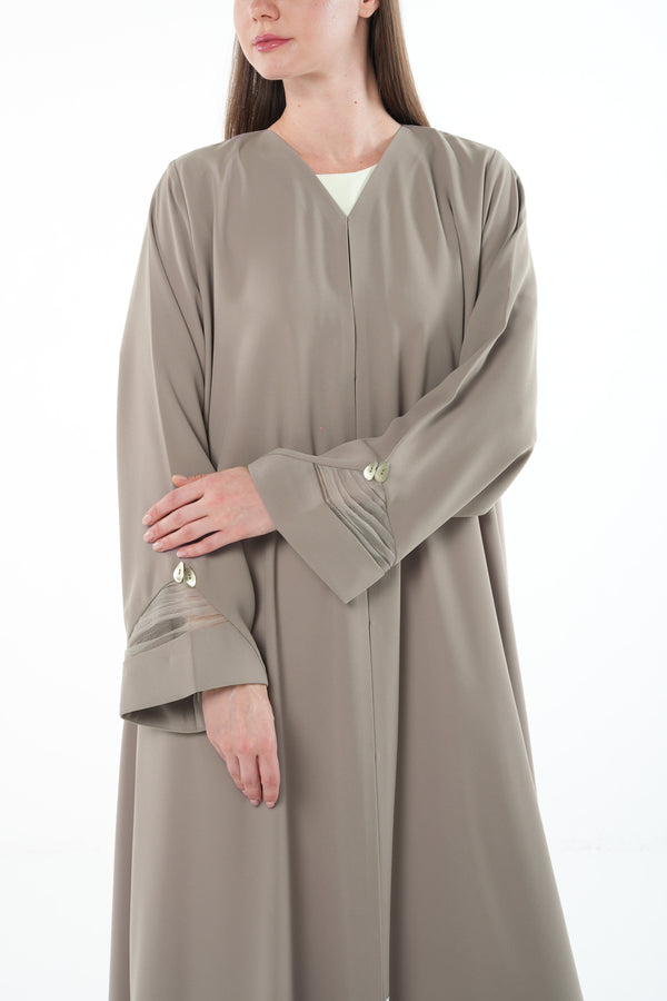 Beige Claire Crepe Abaya with Organza Sleeve Detail and Clean Finish