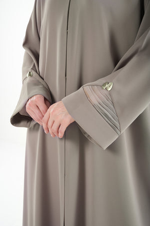 Beige Claire Crepe Abaya with Organza Sleeve Detail and Clean Finish