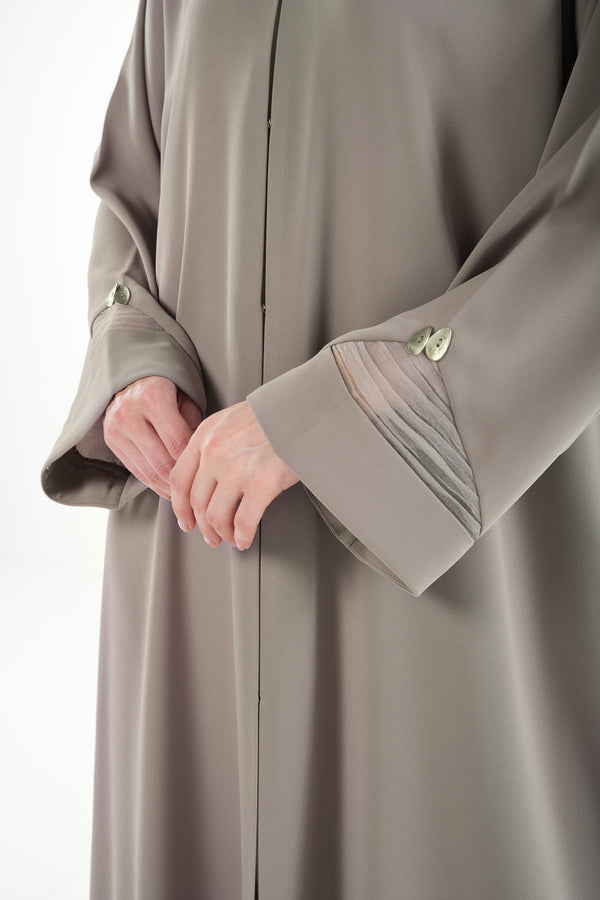 Beige Claire Crepe Abaya with Organza Sleeve Detail and Clean Finish