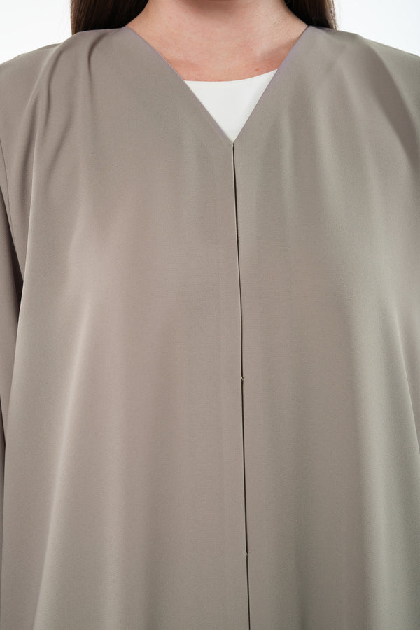 Beige Claire Crepe Abaya with Organza Sleeve Detail and Clean Finish