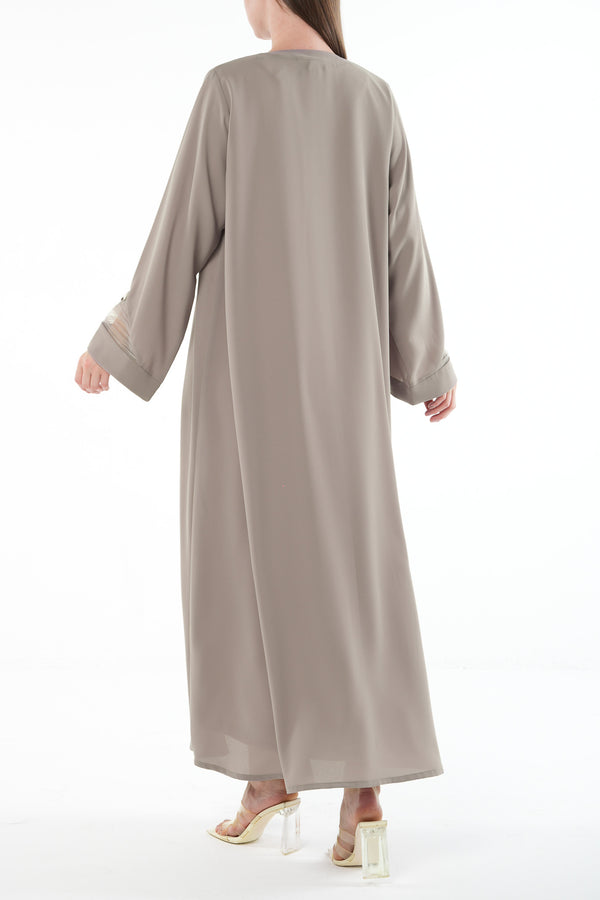 Beige Claire Crepe Abaya with Organza Sleeve Detail and Clean Finish