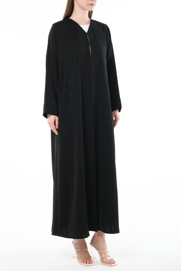 Black Amara Crepe Custom Abaya with Hand Beadwork Accents