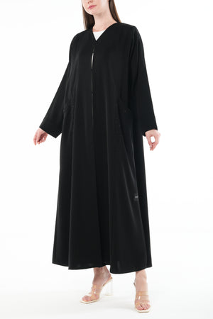 Black Amara Crepe Custom Abaya with Hand Beadwork Accents