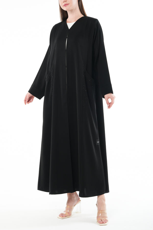 Black Amara Crepe Custom Abaya with Hand Beadwork Accents