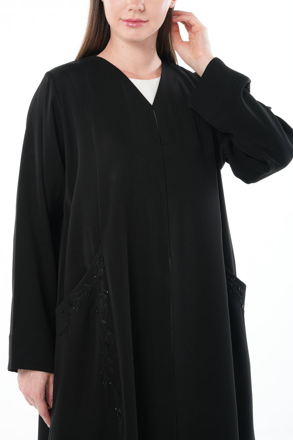 Black Amara Crepe Custom Abaya with Hand Beadwork Accents
