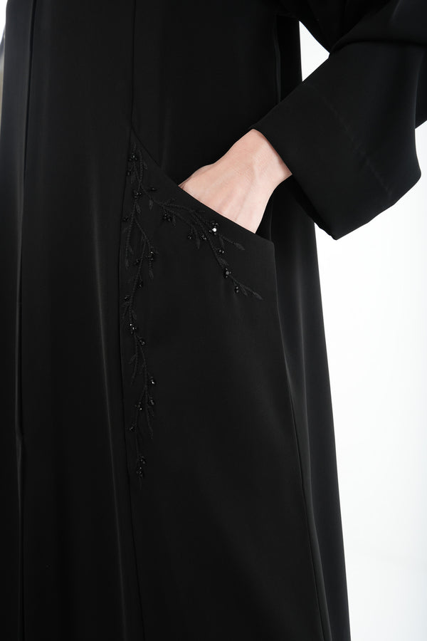 Black Amara Crepe Custom Abaya with Hand Beadwork Accents