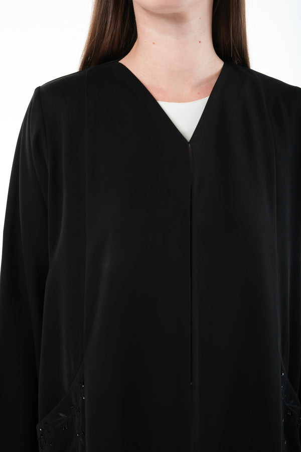 Black Amara Crepe Custom Abaya with Hand Beadwork Accents