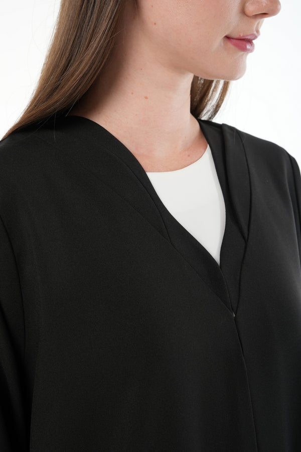 Black Kadi Abaya with Sleeve Embroidery and Organza Insert - Posh Abaya