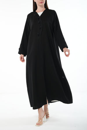 Black Emarati Crepe Abaya with Overlap and Leaf Embellishment - Posh Abaya