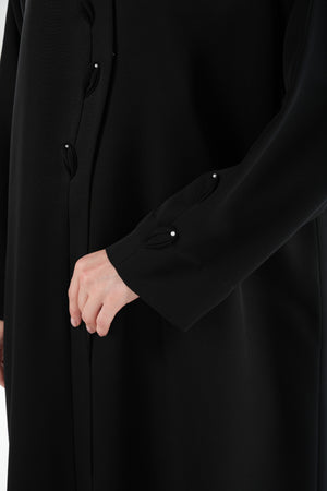 Black Emarati Crepe Abaya with Overlap and Leaf Embellishment - Posh Abaya