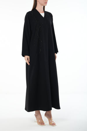 Black Farah Crepe Custom Abaya with Front Multi-Line Beadwork and V-Neck Finish