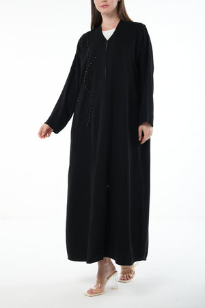 Black Farah Crepe Custom Abaya with Front Multi-Line Beadwork and V-Neck Finish
