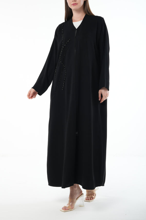 Black Farah Crepe Custom Abaya with Front Multi-Line Beadwork and V-Neck Finish